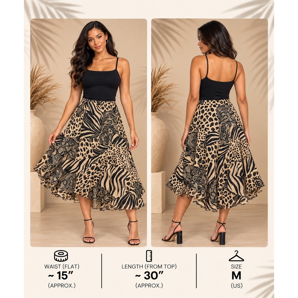 Emma G Mixed Animal Print Sequin Midi Skirt XL Tan Black Leopard Zebra Snake